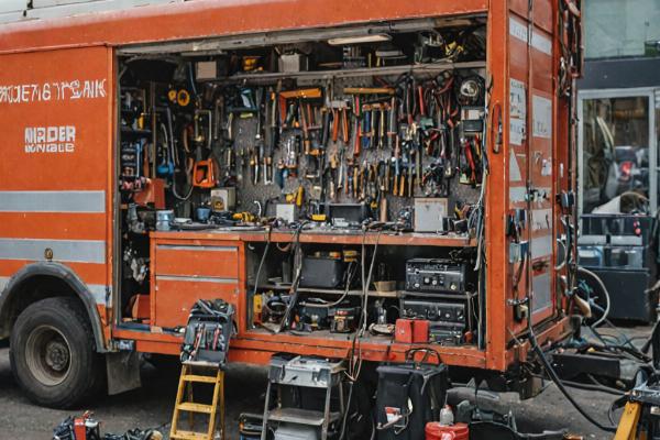 Emergency mobile repair truck equipped with tools and welding equipment for on-site service