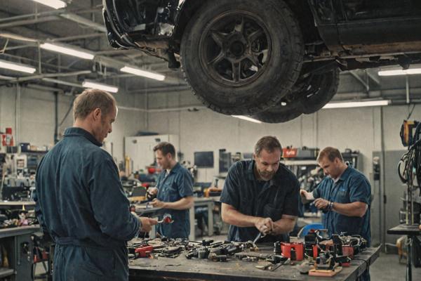 Professional automotive team working in modern repair facility