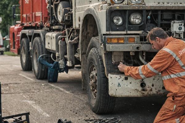 Emergency mobile truck repair service with technician working on roadside repair