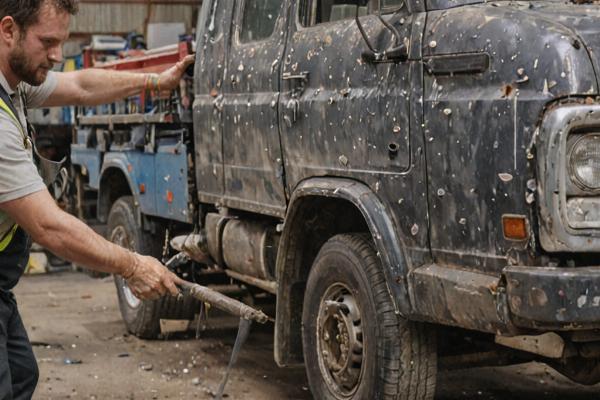 Professional truck body repair work showing collision damage restoration